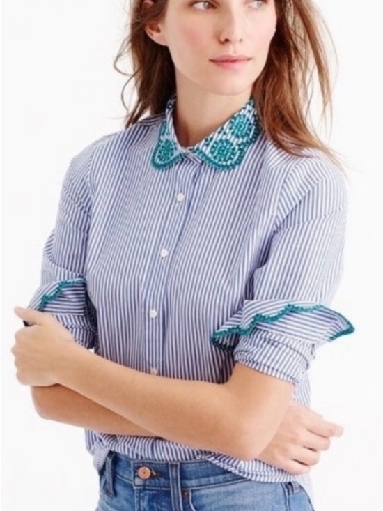 J. Crew Tops - J. Crew Perfect Eyelet Embroidered Trim Striped Shirt Botton Down Blouse poplin